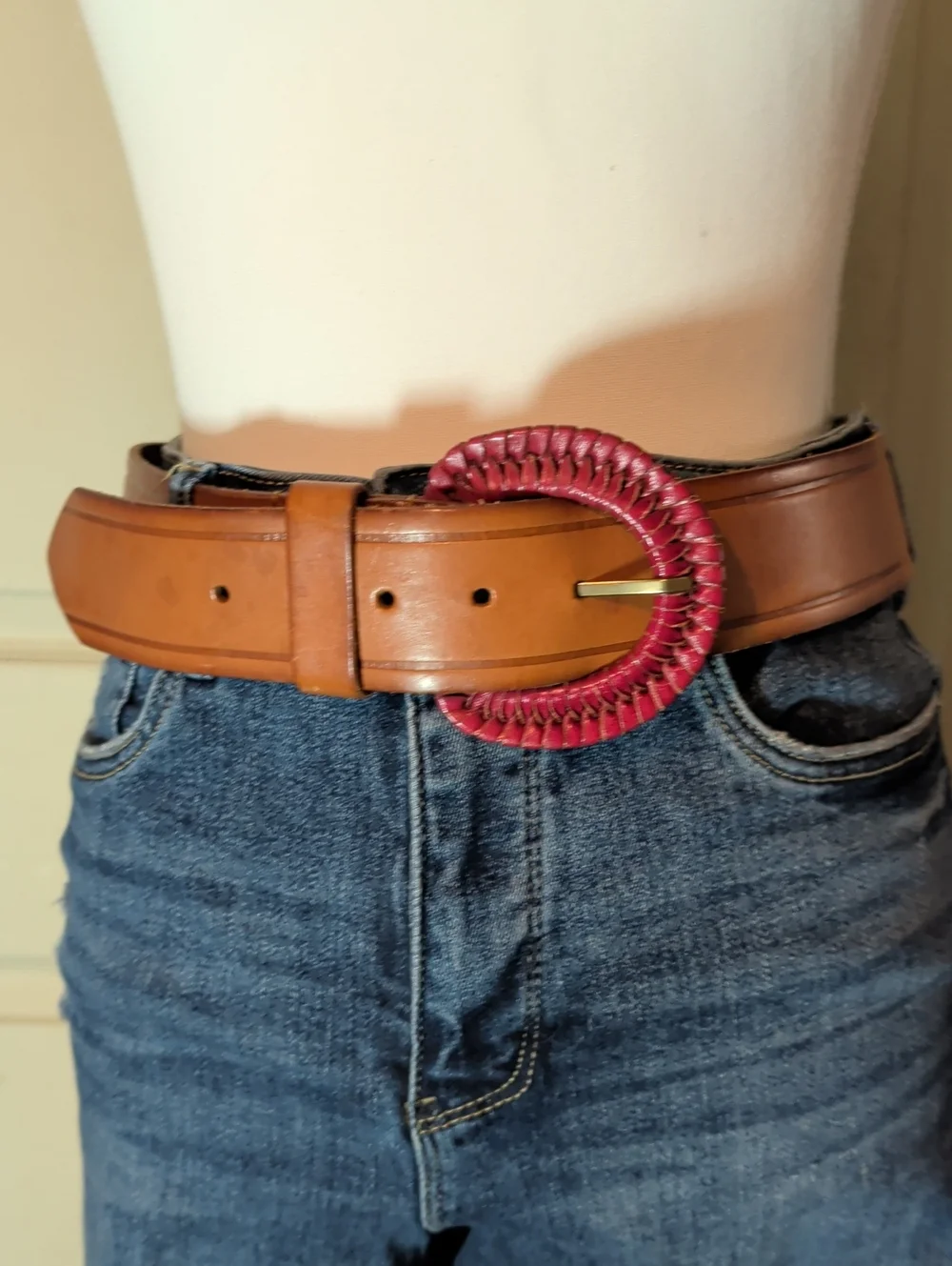 Tan Leather Belt with Pink Woven Round Buckle